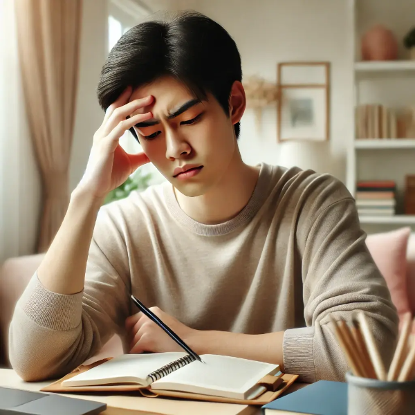 집중 못하고 머리를 짚고 있는 동양인 남성