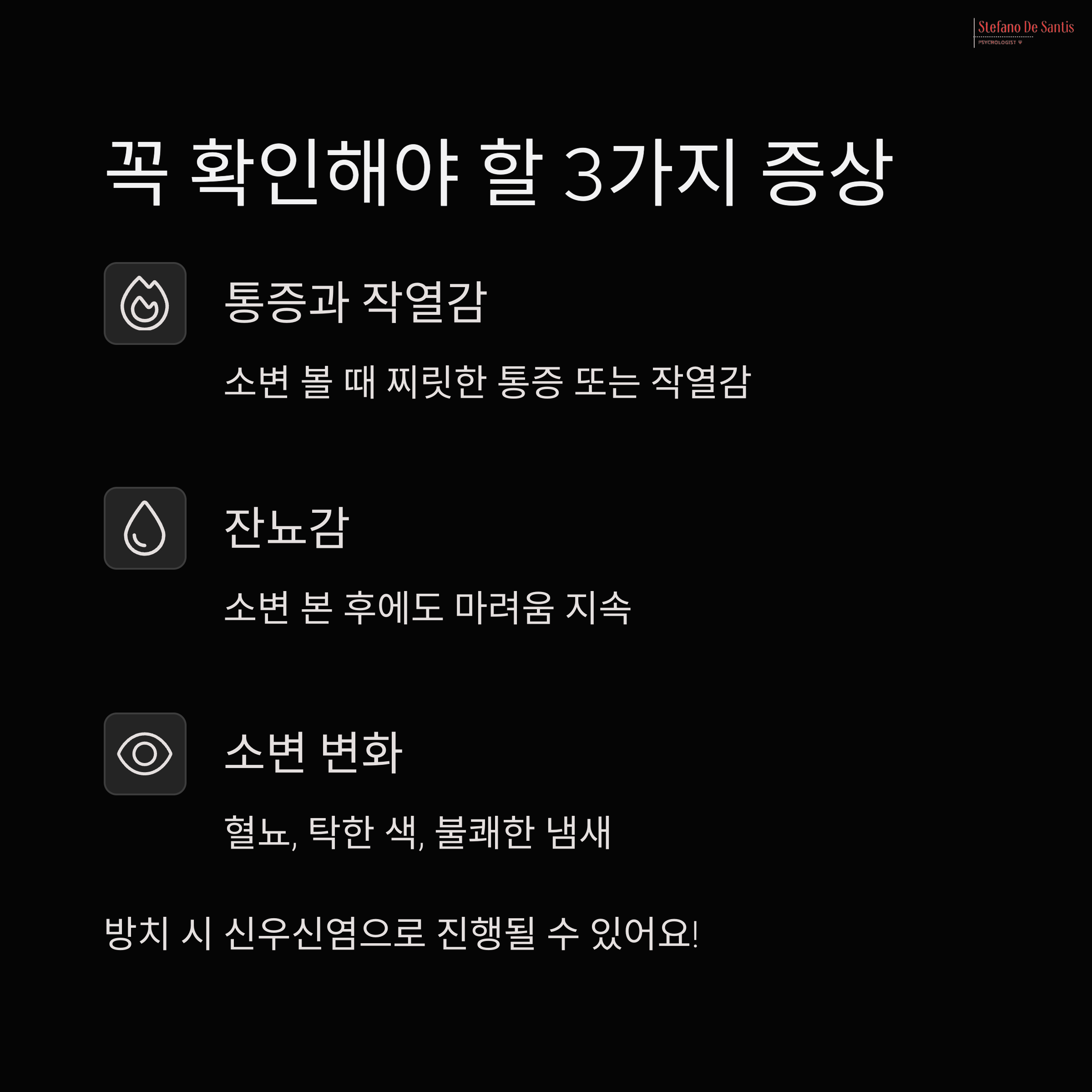 방광염의 대표 증상 3가지(통증, 잔뇨감, 소변 변화)를 아이콘과 함께 시각적으로 설명한 이미지