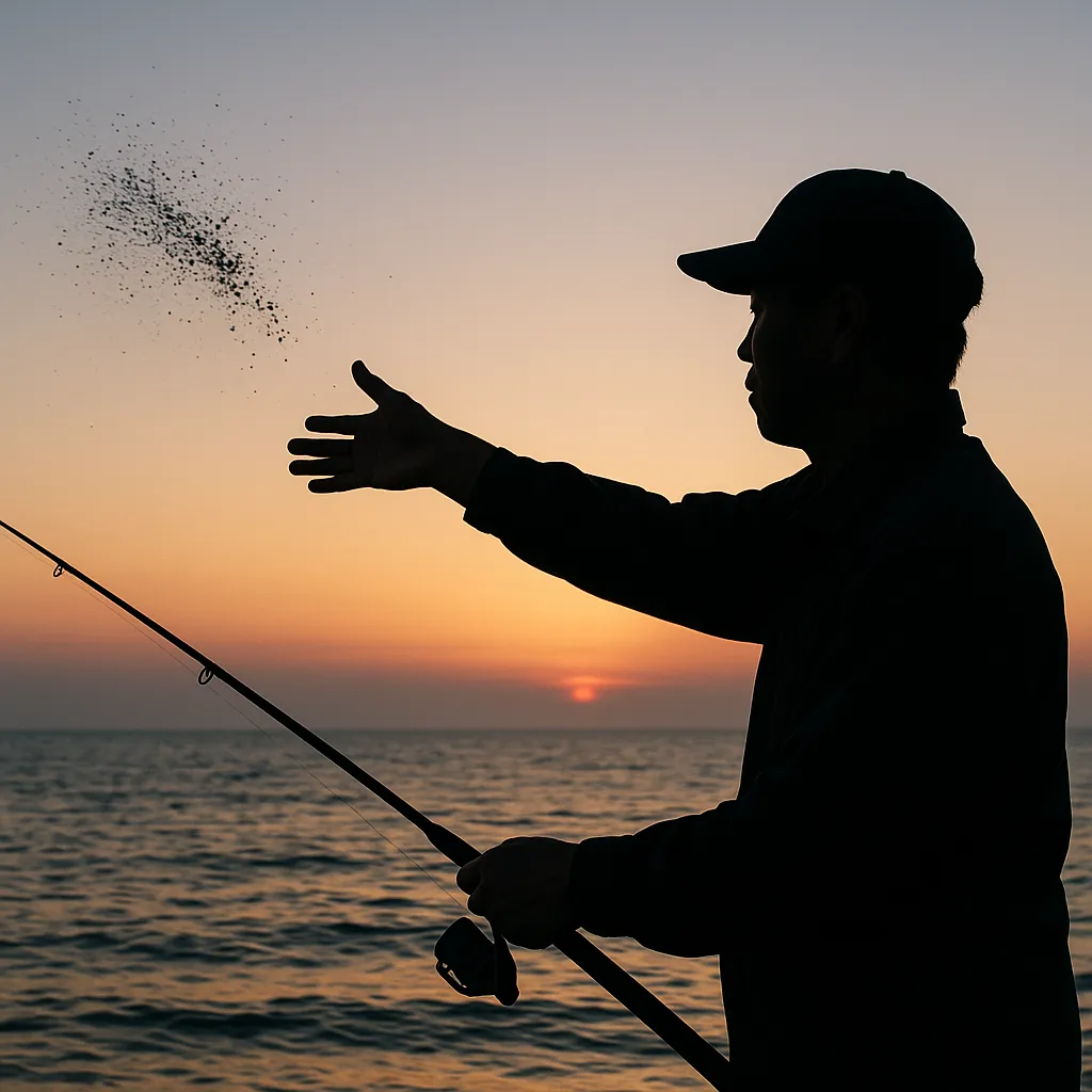 해 뜨기 전 밑밥을 바다에 던지는 장면