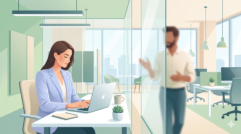 직장 내 감정 소비 없이 인간관계를 정리하는 처세술을 상징하는 심리적 거리두기 일러스트. 차분하게 업무에 집중하는 모습과 경계선을 시각화