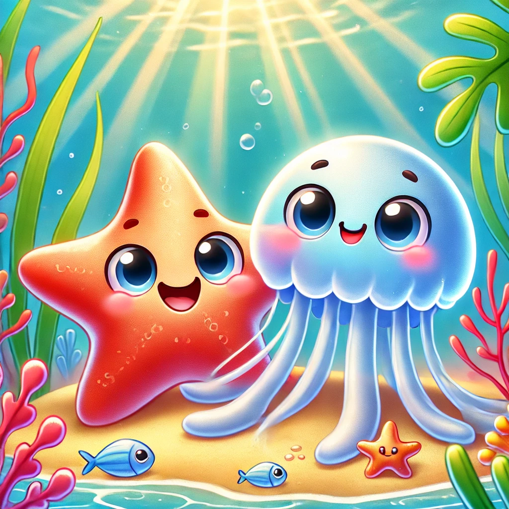 바다속 불가사리와 해파리 사진