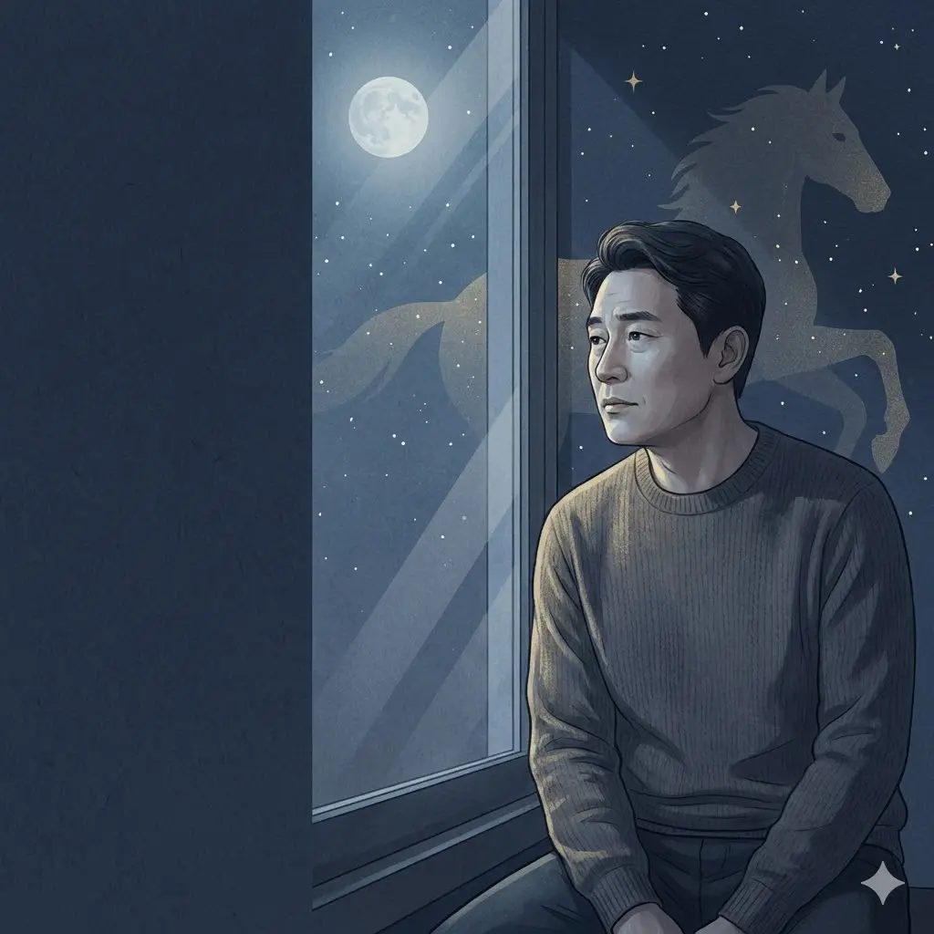 2026년 78년생 말띠 재물운 변화를 상징하는 밤하늘과 말 그림자, 신중한 표정의 중장년 남성 일러스트