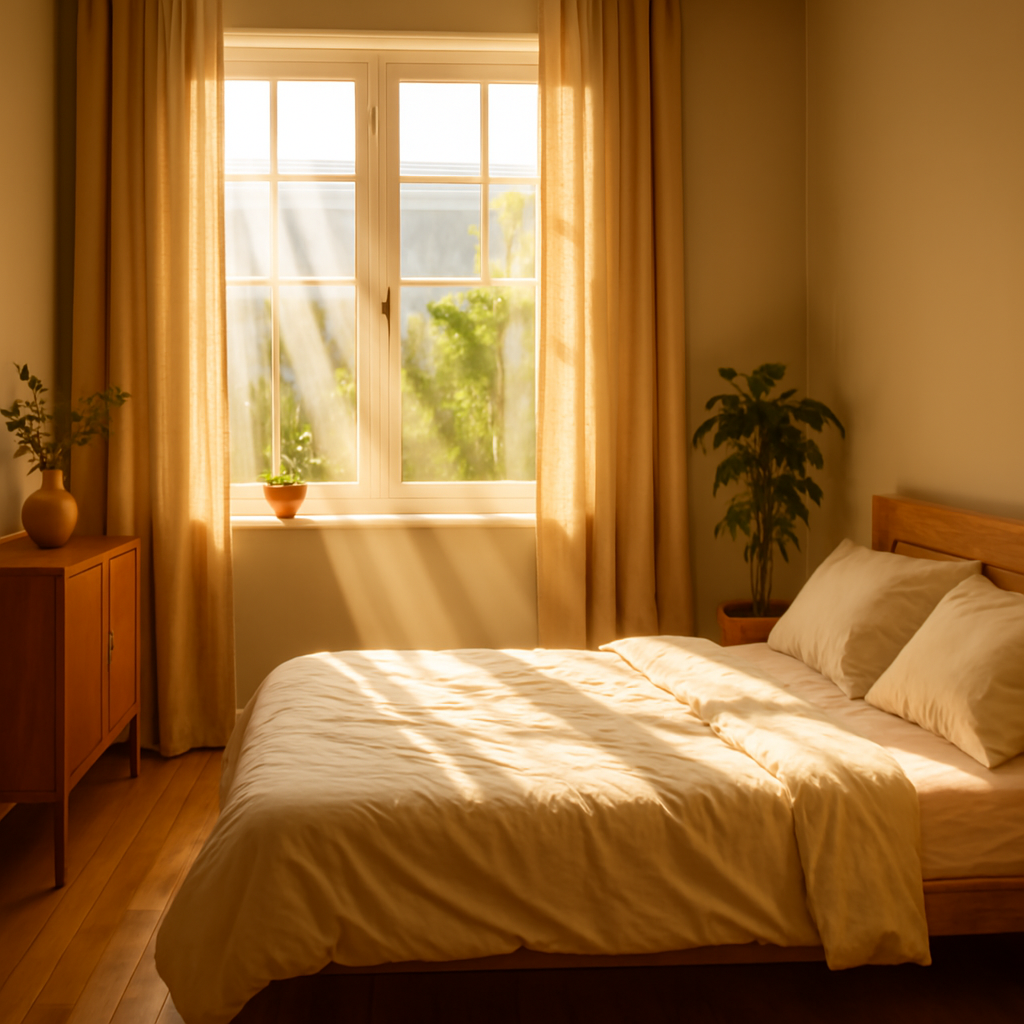 하루의 시작을 밝히는 침실. 따뜻한 햇살과 정돈된 공간이 기운을 맑게 순환시킵니다.