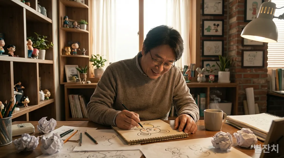 파산과 저작권 도난 후 미키 마우스를 스케치하는 월트 디즈니의 모습