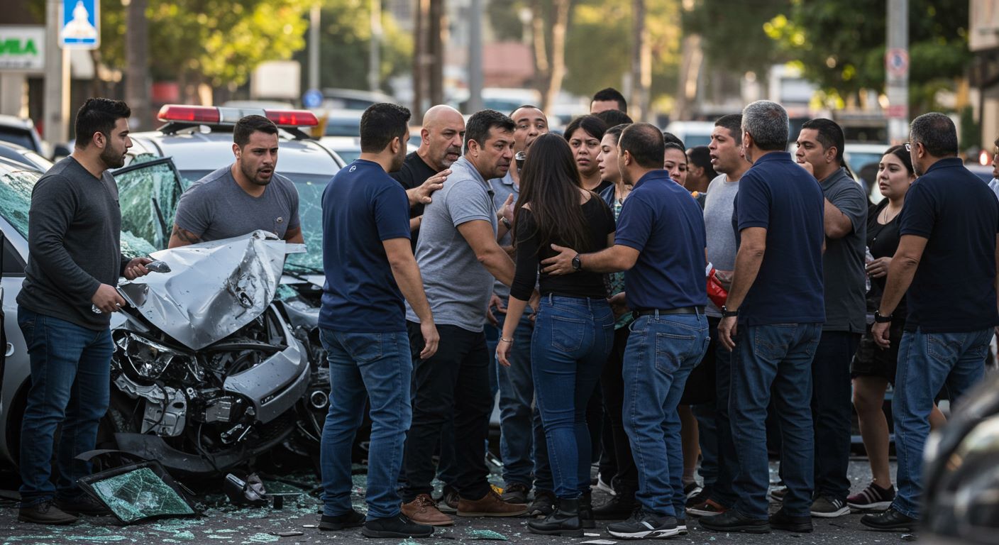 자동차 사고 현장에서 다투는 사람들 사진