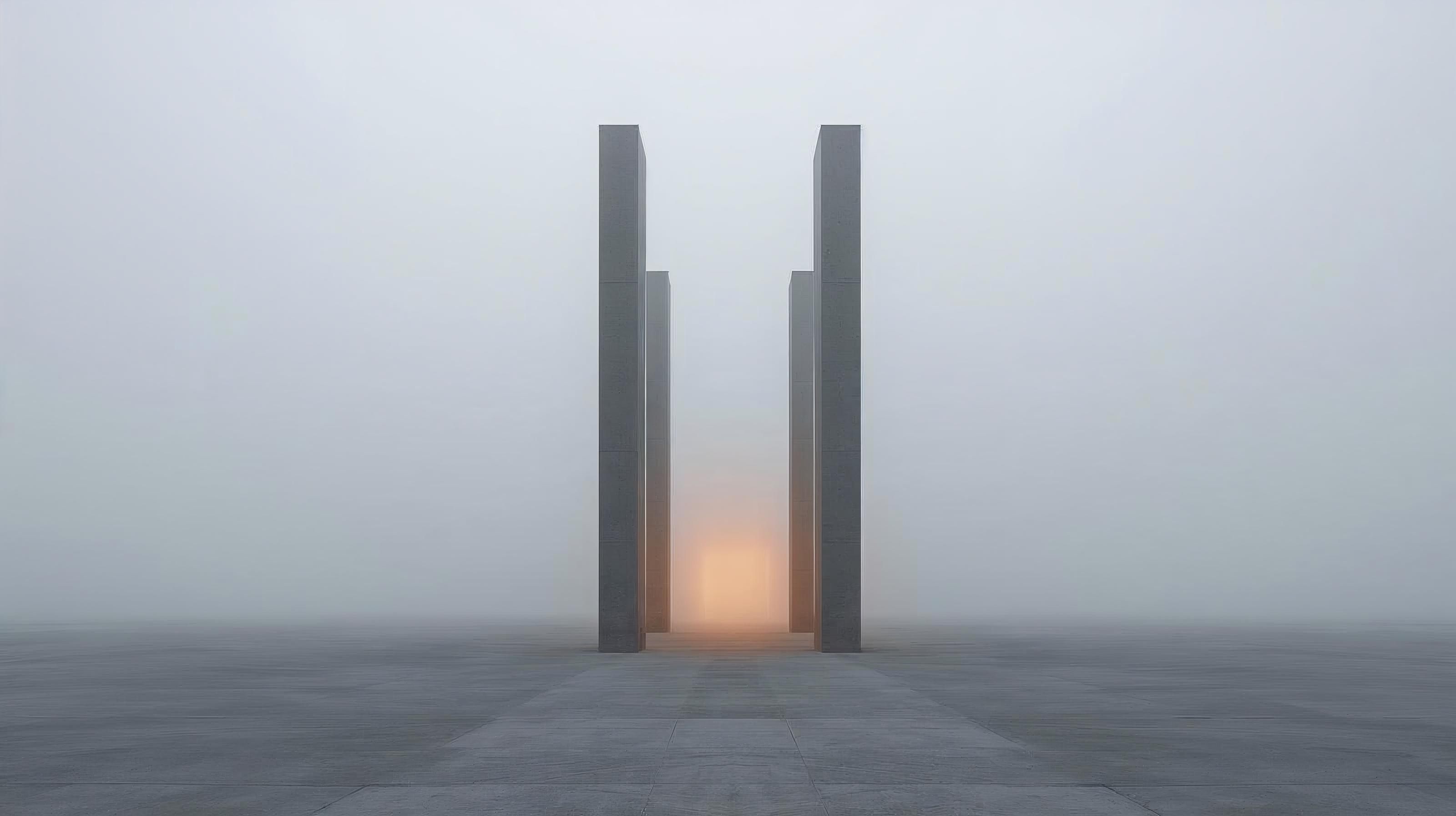 안개 자욱한 무채색 공간 속에서 두 개의 거대한 직사각형 기둥이 미세한 간격을 두고 마주 서 있는 미니멀한 현대 미술 스타일의 이미지. 기둥 사이 하단에서 은은한 새벽빛이 배어 나오며, 자립과 연대의 철학적 의미를 시각적으로 형상화하고 있음