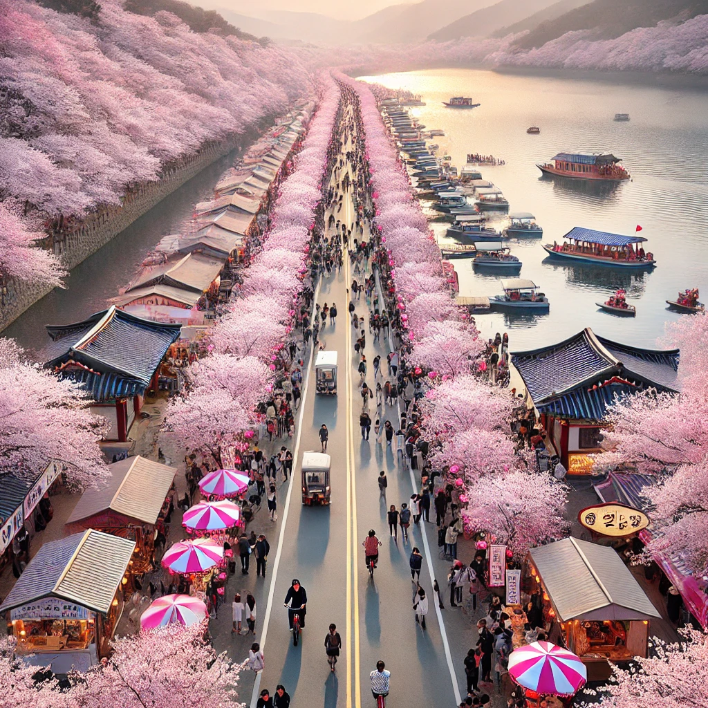 벚꽃잎이 떨어진 도로 위&amp;#44; 로맨틱한 벚꽃 터널을 지나가는 차량과 주변 자연 경관