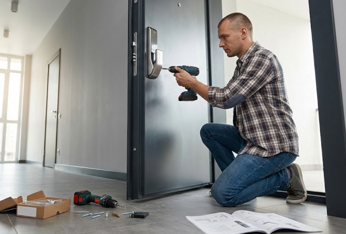 도어락 설치하는 사진