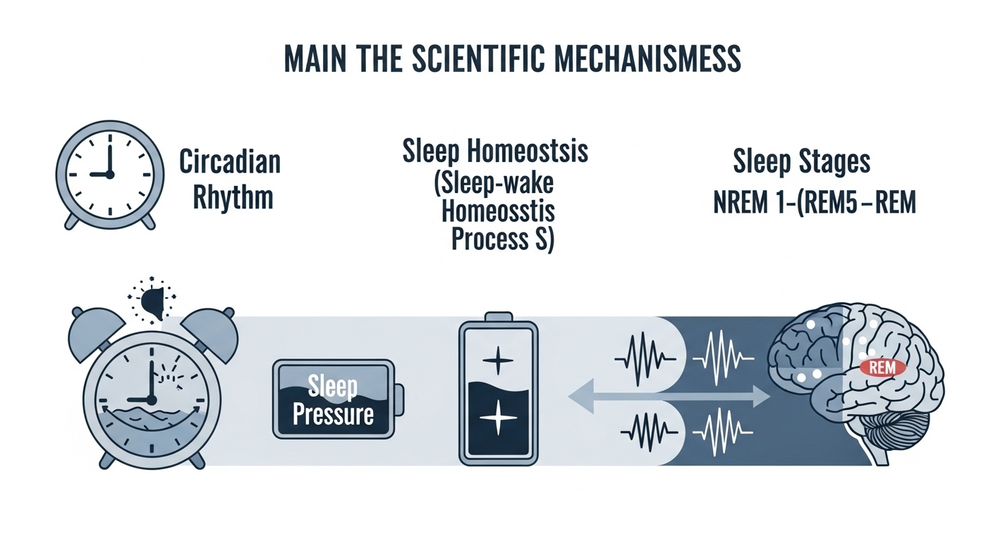 일주기 리듬, 수면 항상성, 수면 단계를 시각적으로 설명하는 과학적 수면 메커니즘 인포그래픽
