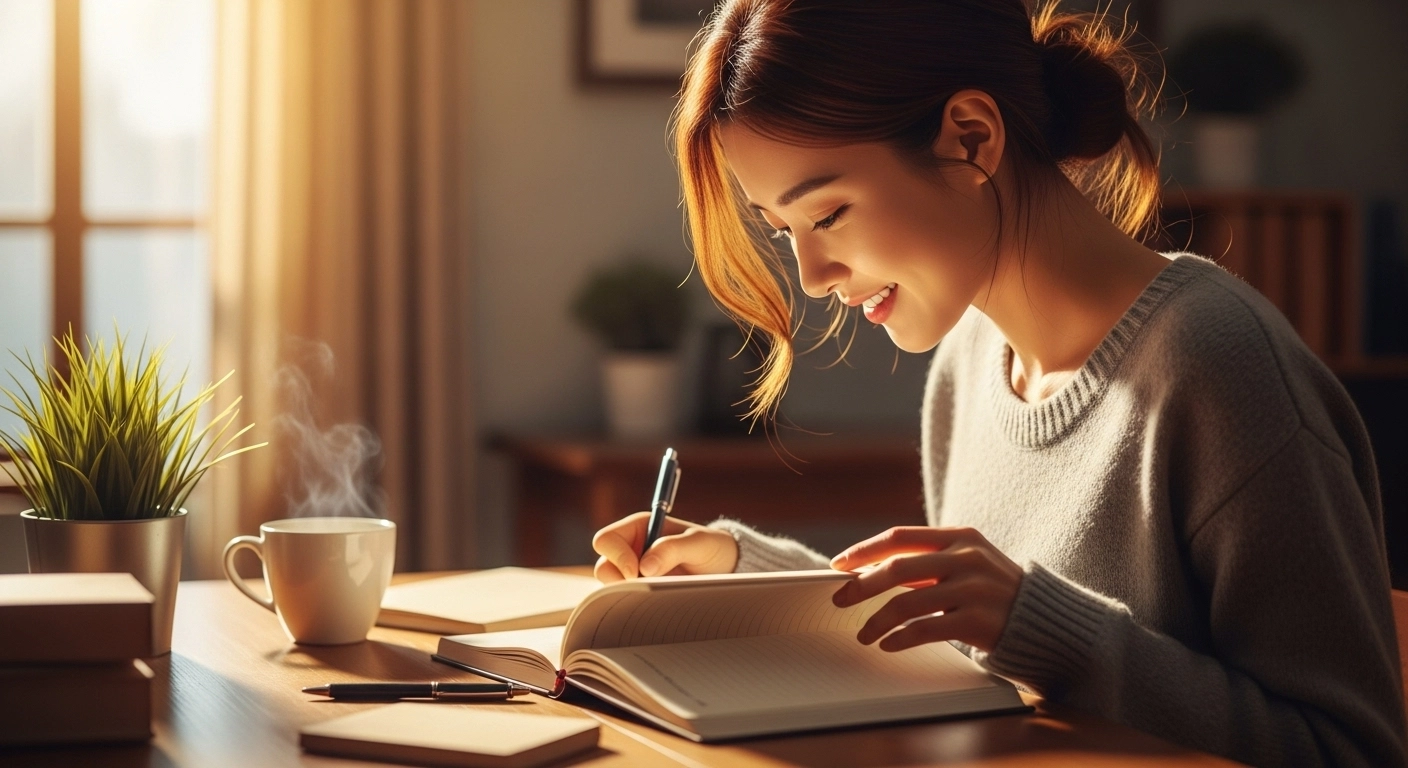 책상에 앉아 계획을 세우고 있는 장면