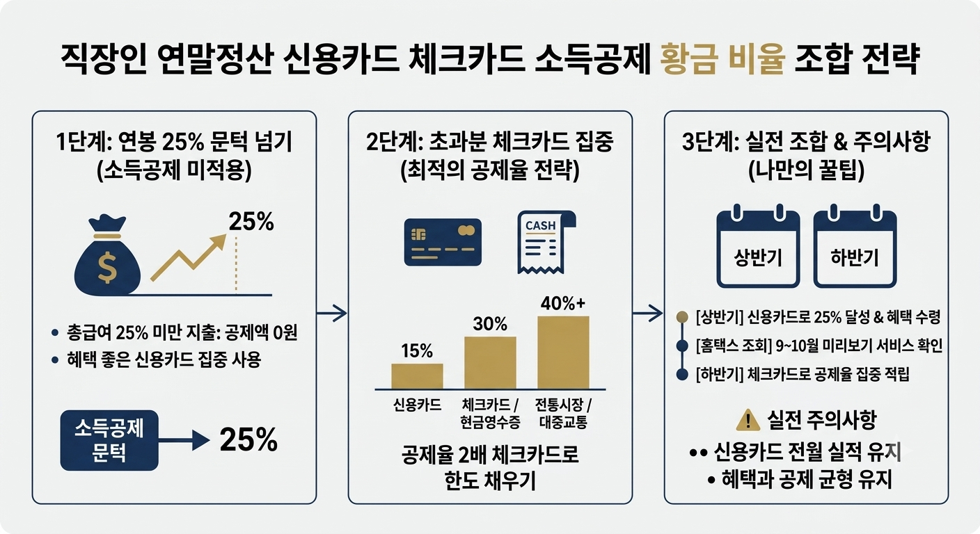 연말정산 신용카드 체크카드 소득공제 한도 및 황금 비율 조합 전략 인포그래픽