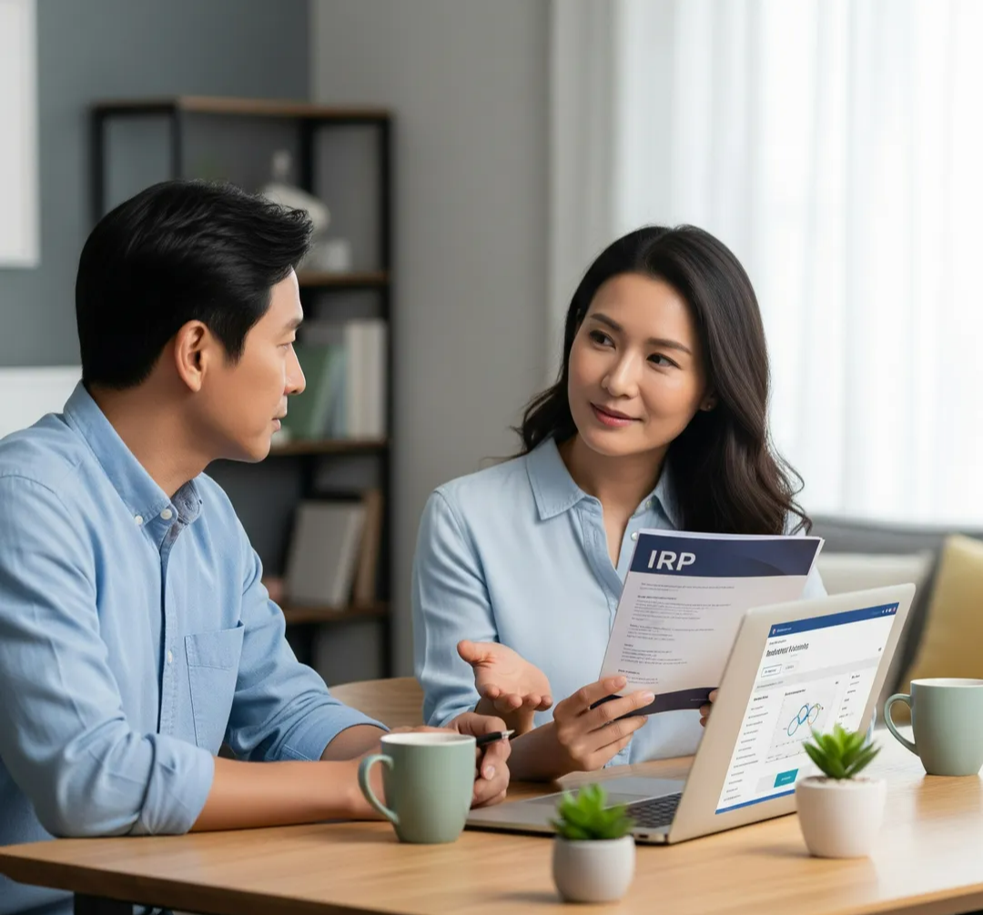 IRP 퇴직연금에 대해 대화 중인 동양인 부부