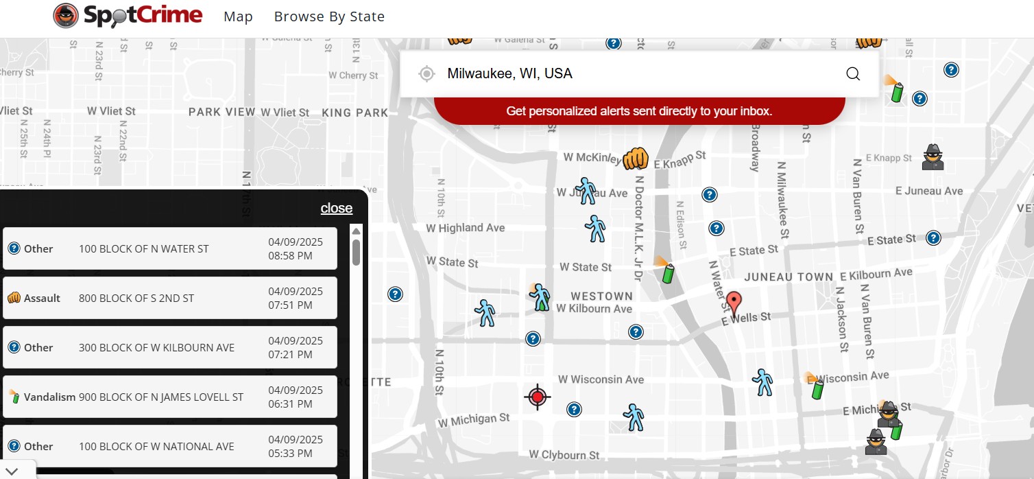 Spotcrime website showing crime cases in the city of Milwaukee, IL.