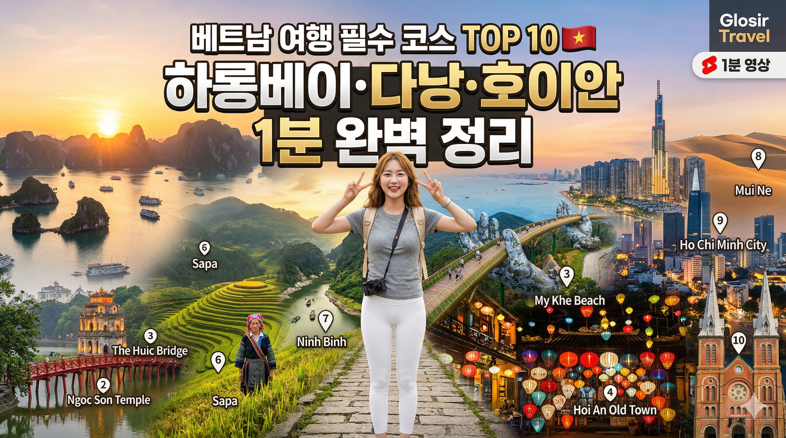 베트남의 10개 핵심 여행지가 역동적으로 합성된 파노라마 메인 커버 이미지. 중앙에는 키 165cm의 예쁜 한국 여성 여행자가 서 있다. 그녀는 그레이색 반팔티와 흰색 일자 레깅스를 입고 카메라를 향해 환하게 웃으며 양손으로 V자 포즈를 취하고 있다. 그녀 뒤로 하롱베이, 호안끼엠 호수, 다낭 미케 비치, 호이안 올드타운, 다낭 바나힐스 골든 브릿지, 사파 라이스 테라스, 닌빈 땀꼭, 무이네 사구, 호치민 시티 스카이라인, 사이공 노트르담 대성당 풍경이 통합된 배경이 펼쳐진다. 상단에는 '베트남 여행 필수 코스 TOP 10 🇻🇳 하롱베이·다낭·호이안 1분 완벽 정리'라는 텍스트가 시인성 좋게 배치되어 있다. 우측 상단에는 'Glosir Travel' 로고와 '1분 영상' 아이콘이 있다.