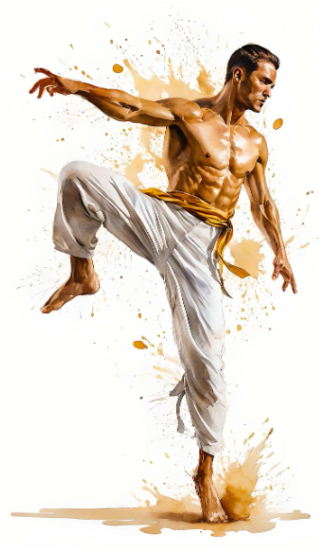 장 클로드 반담 스타일의 가라테 금띠 무술인이 역동적인 발차기 동작을 취하는 일러스트