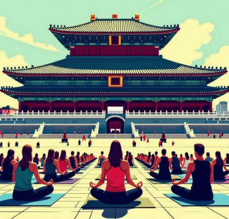 광화문 앞에서 요가를 하고 있는 사람들의 뒷모습