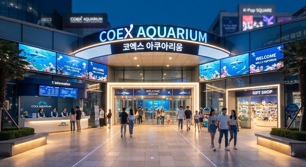 삼성역 코엑스몰 내부에 위치한 코엑스 아쿠아리움의 화려한 입구 전경
 </li>