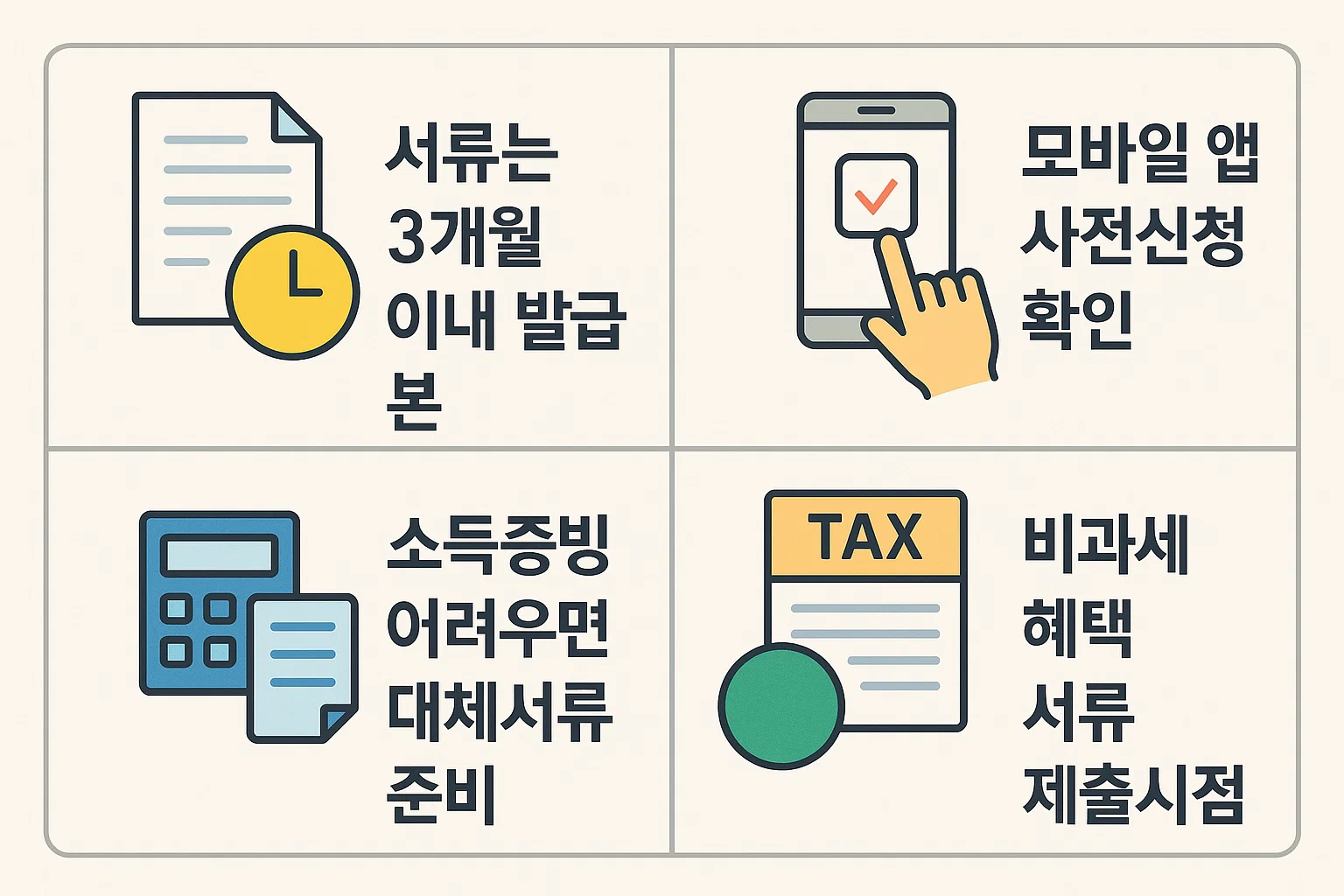 소득증빙 서류, 비과세 증명서, 대체서류 준비 방법, 모바일 앱 사전신청 등 청약통장 전환 시 필요한 서류 제출 요령을 시각적으로 정리한 인포그래픽.