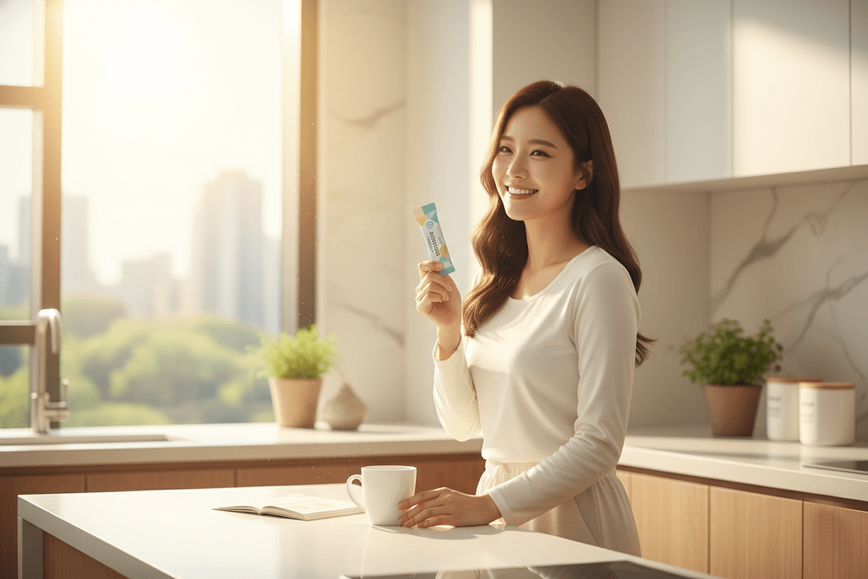 아침 햇살이 들어오는 주방에서 유산균 프로바이오틱스 스틱을 들고 미소 짓는 여성 이미지