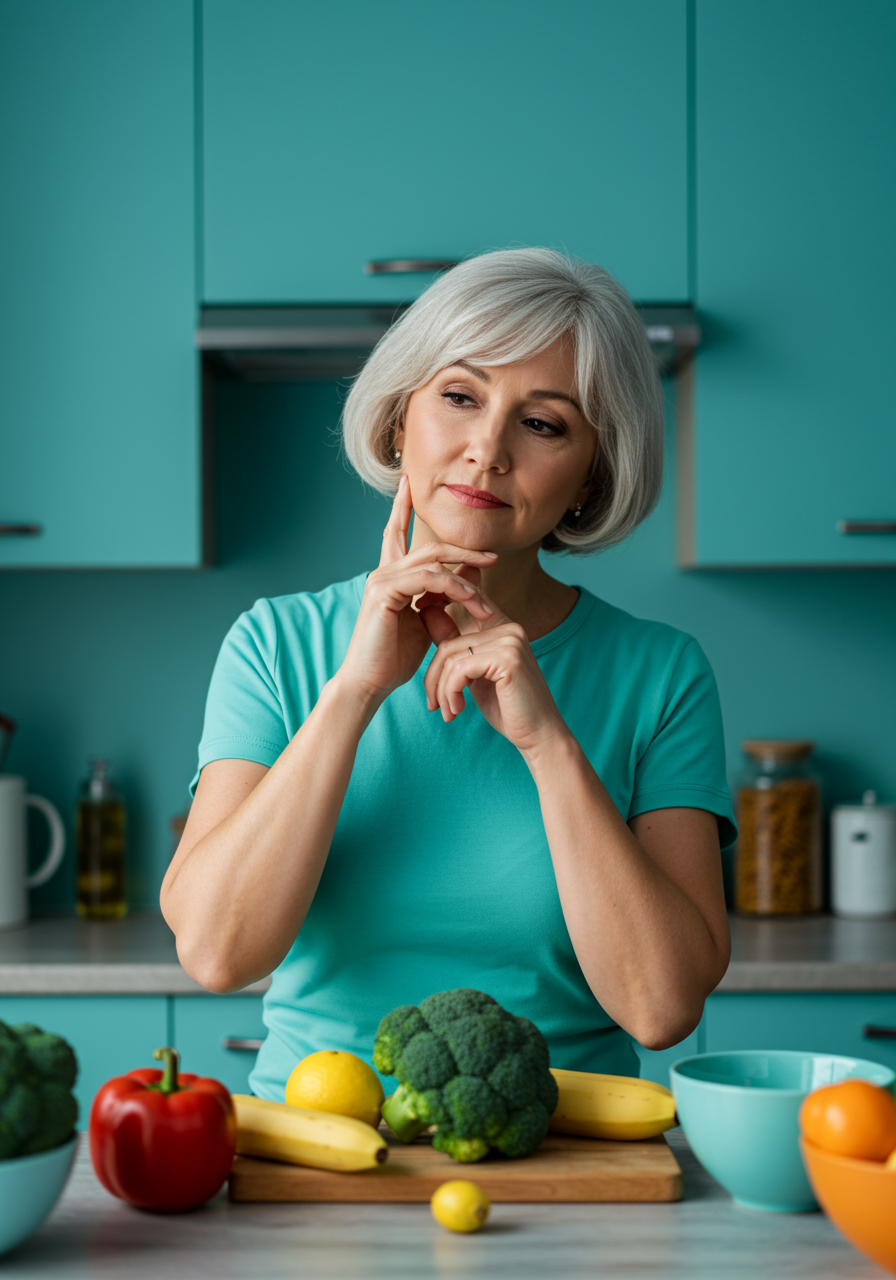50대 중년 여성이 건강에 대해 고민하면서 생각에 빠져있는 실사 이미지