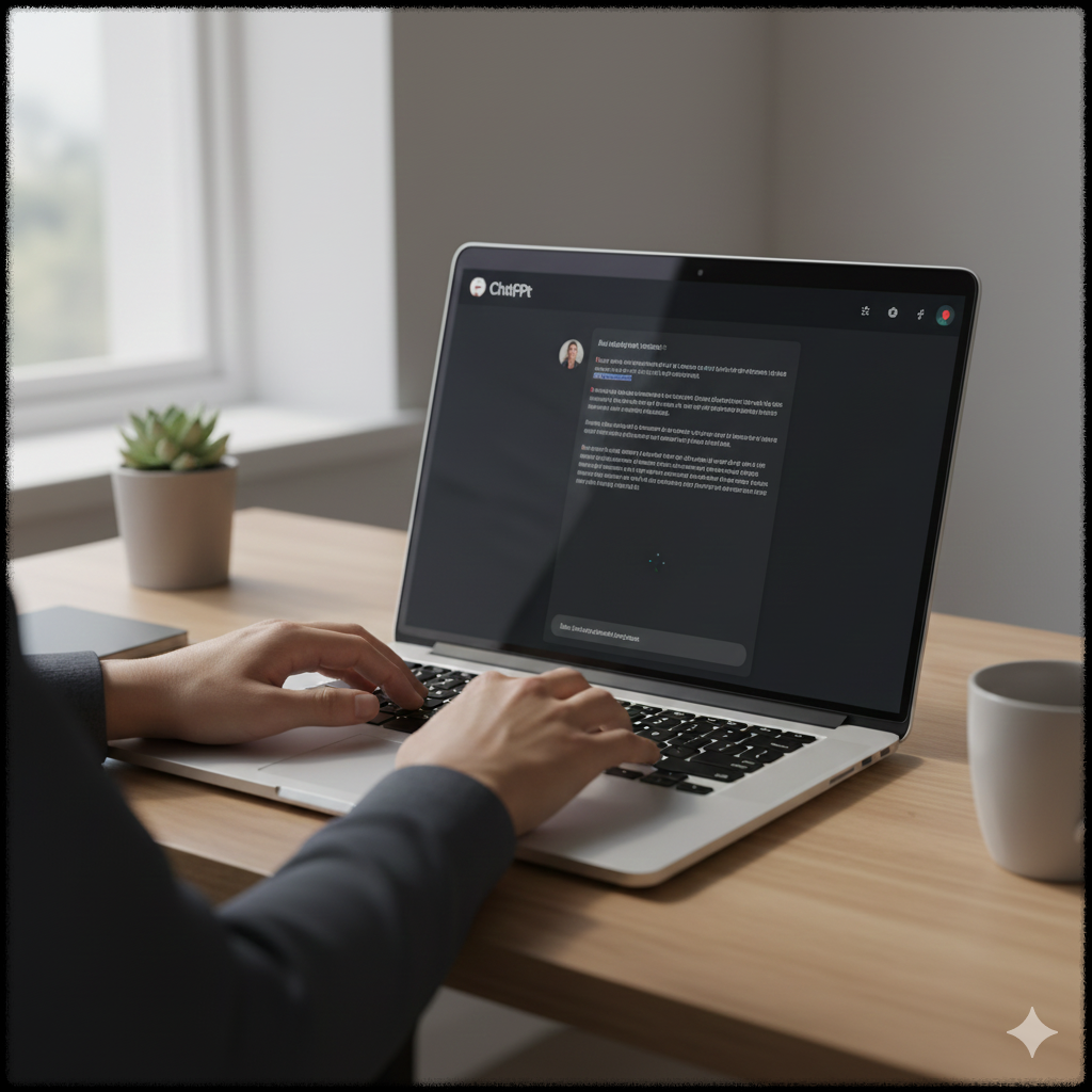AI 도구로 글 초안을 작성하는 재택 작업 모습