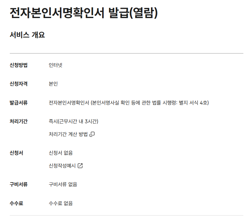정부24 전자본인서명확인서 발급 신청 안내 화면