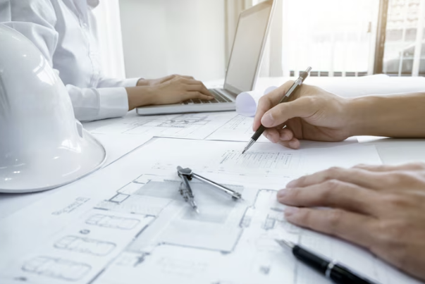 건축 도면을 검토하고 있는 전문가들 – 노트북과 헬멧이 함께 놓여 있는 사무실 책상 위에서 설계 작업 중인 모습