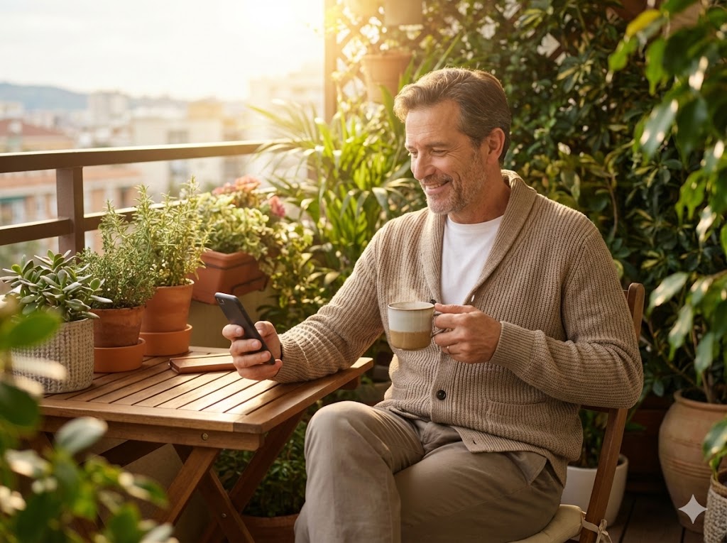 평온한 목요일 아침, 테라스에서 여유롭게 커피를 마시며 스마트폰으로 배당 입금 알람을 확인하고 미소 짓는 투자자의 모습