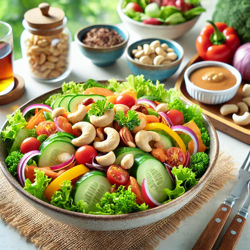 "신선한 채소와 캐슈넛이 듬뿍 얹힌 샐러드가 밝은 식탁 위에 놓인 건강한 식사 모습"