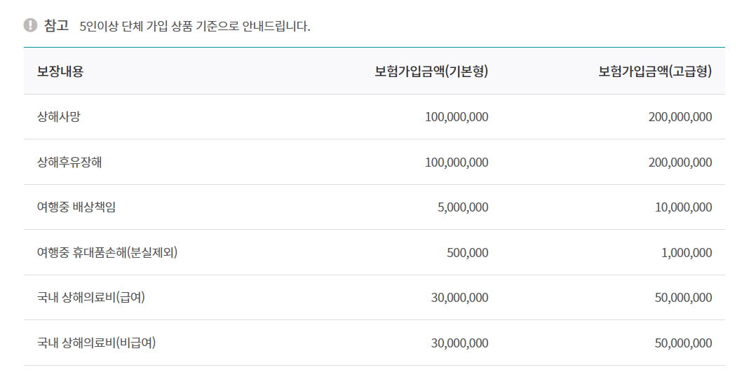 하나손해보험 단체여행자보험 보장내용
