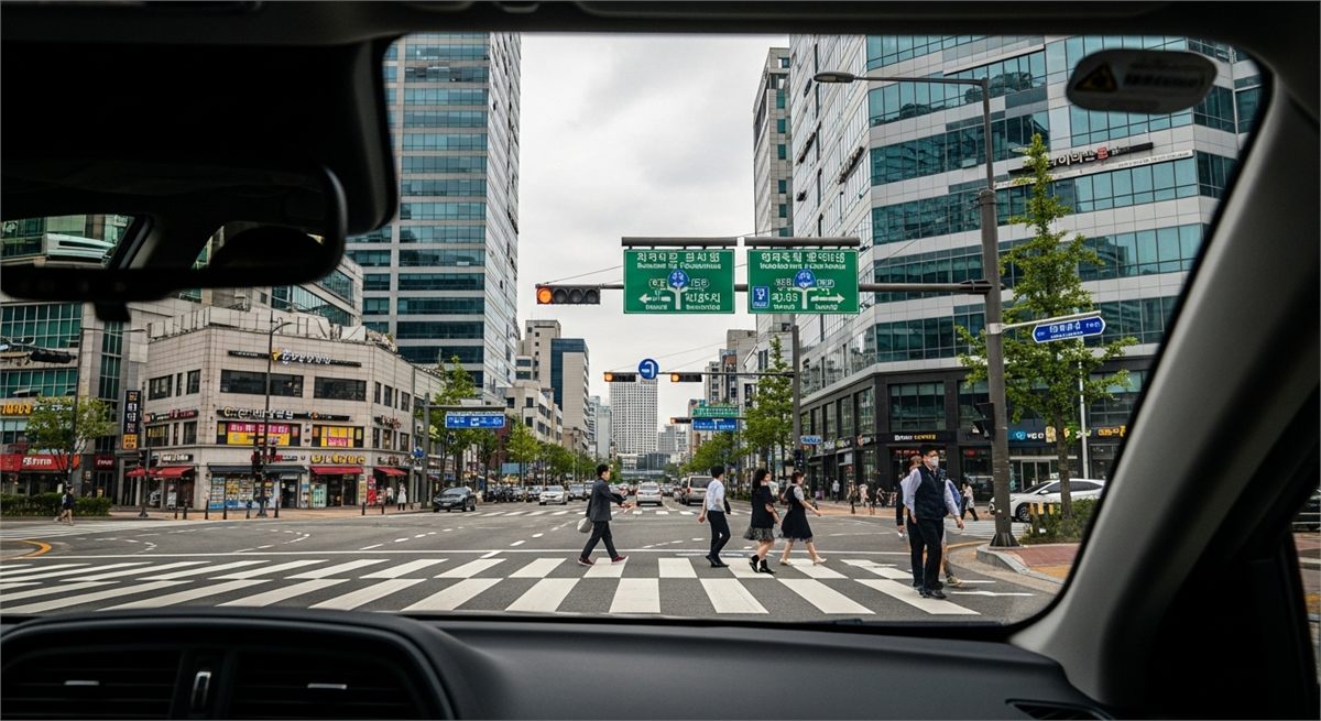 우회전 전 횡단보도 앞에서 멈춘 운전자 모습