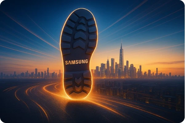 삼성 로고가 새겨진 거대한 발자국이 미래 도시를 향해 나아가는 초현실적 이미지