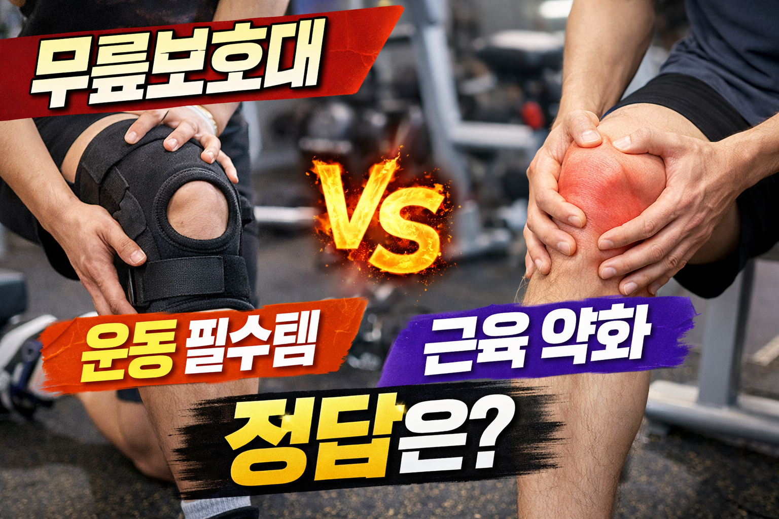 무릎 보호대를 착용한 다리와 무릎 통증을 잡고 있는 다리를 비교한 이미지, 무릎 보호대 착용 기준과 근육 약화 논의