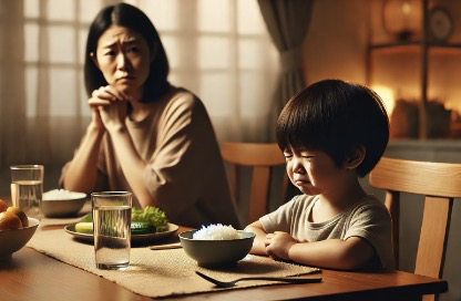 식탁 앞에서 눈물 글썽이는 아이와 속상한 엄마