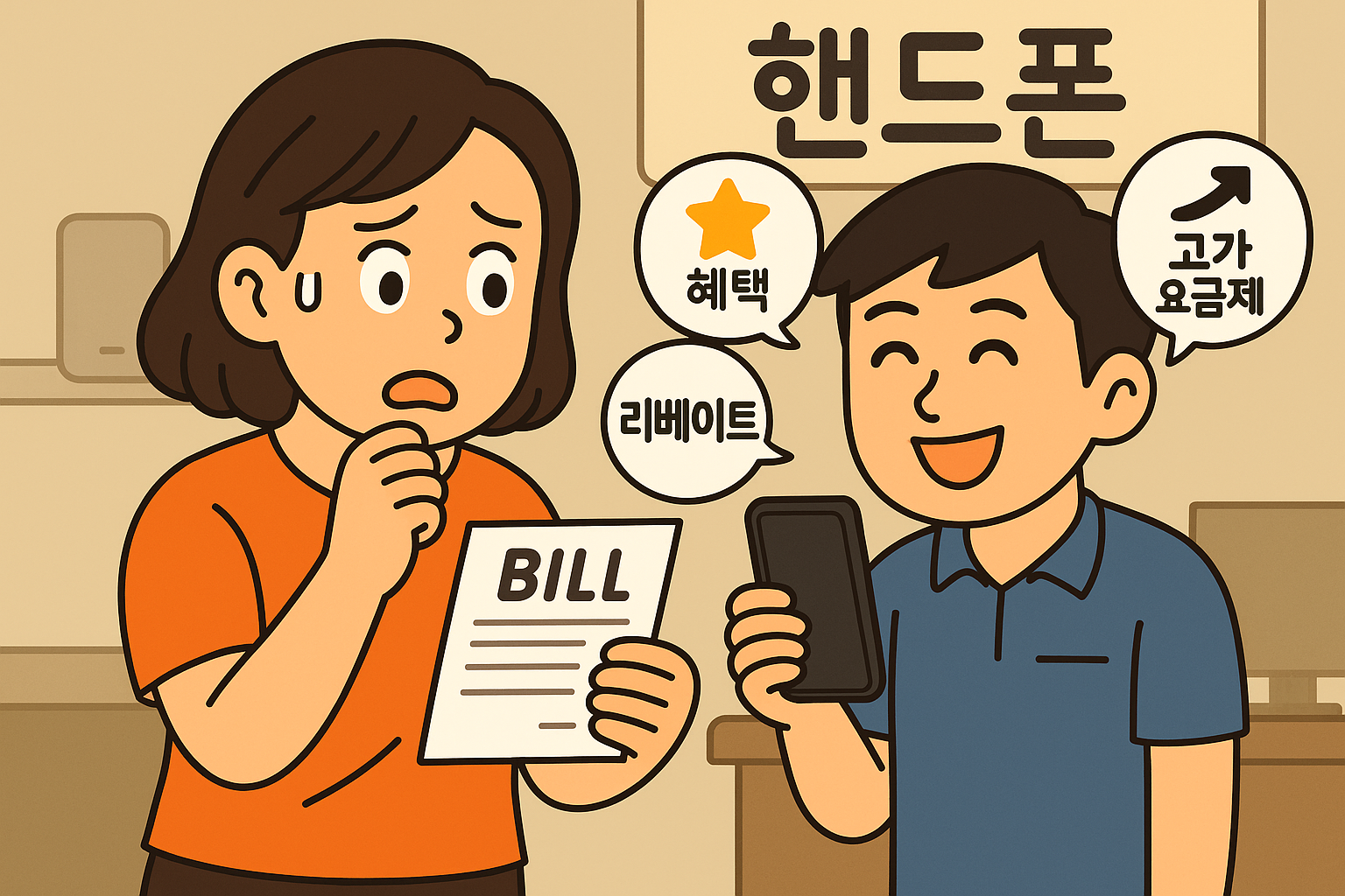 휴대폰 매장을 배경으로 한 만화 스타일의 장면.
왼쪽에서는 중년 여성이 당황한 표정으로 휴대폰 요금 청구서를 들고 있고, 오른쪽의 청년은 점원처럼 보이며 환하게 웃고 있다.
청년의 뒤편에는 "혜택", "리베이트", "고가 요금제" 등 소비자를 혼란스럽게 할 수 있는 마케팅 키워드를 상징하는 아이콘이나 말풍선이 연출되어 있다.
전체적으로는 소비자가 복잡한 요금제와 리베이트 조건에 대해 혼란을 느끼는 상황을 표현한 이미지.