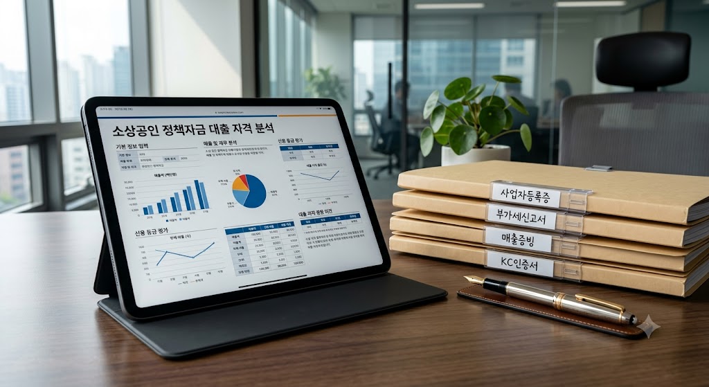 정갈한 비즈니스 데스크 위에 소상공인 정책자금 대출 자격을 분석하는 한국어 대시보드가 켜진 태블릿과, 사업자등록증, 부가세신고서, 매출증빙 등 필수 제출 서류 묶음이 카테고리별로 완벽하게 정리되어 놓여 있는 모습. 정부 지원금을 받기 위한 치밀한 사전 준비 과정을 테크니컬하고 고급스럽게 표현한 8k 초고해상도 사진.