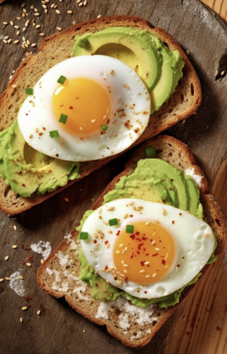 달걀, 에그 토스트, 아보카도가 올라간 사진