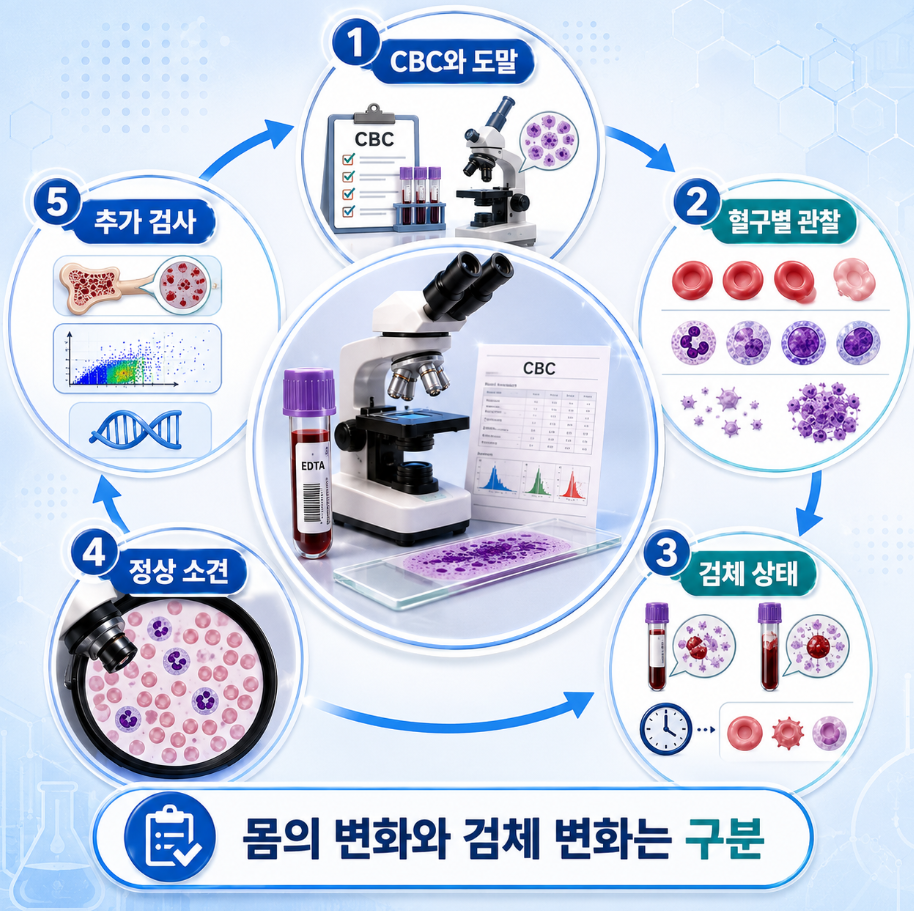 말초혈액도말검사 결과를 CBC와 함께 확인하고 혈구 관찰, 검체 상태, 정상 소견, 추가 검사를 순서대로 정리한 요약 의료 인포그래픽
