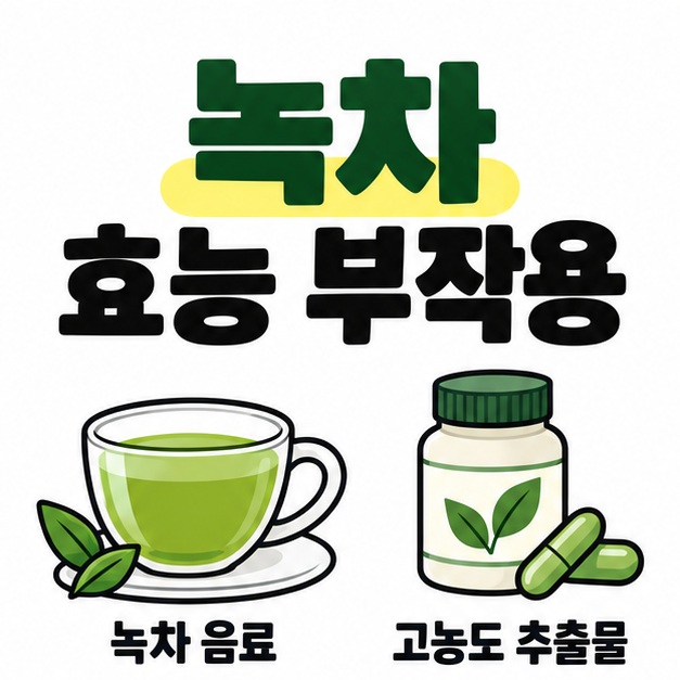 녹차 효능 부작용 제목 아래 녹차 음료와 고농도 추출물 캡슐을 구분한 썸네일