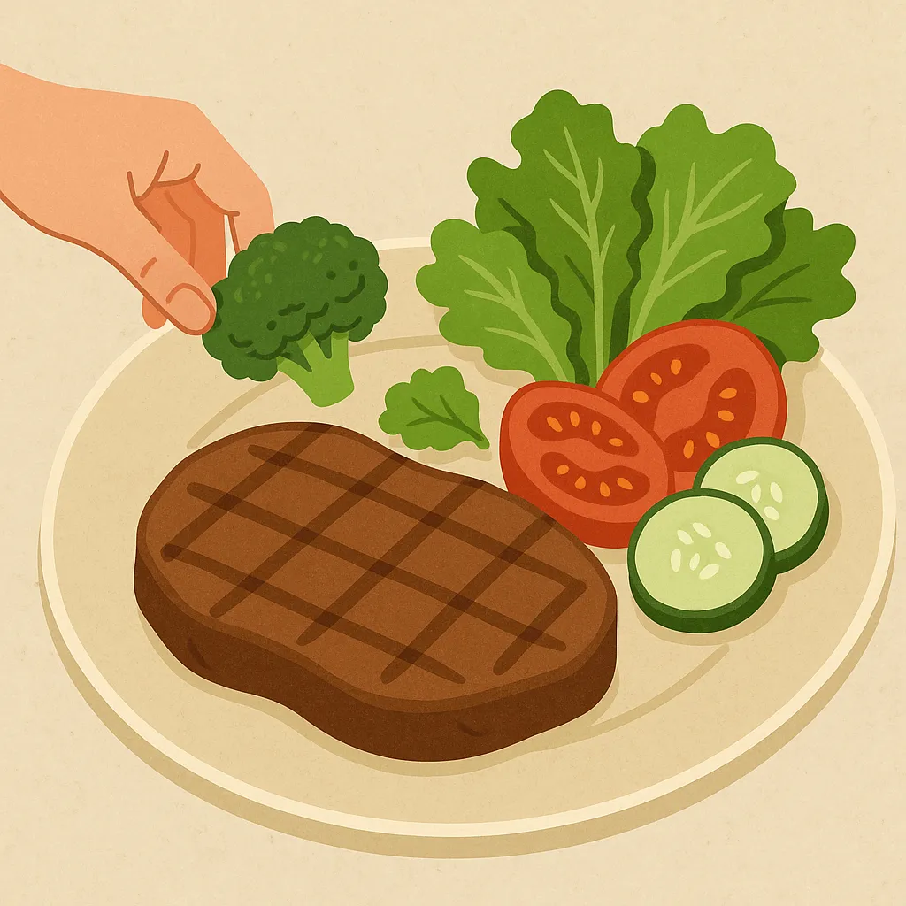 고기를-먹을-때-채소를-곁들이는-이유를-표현한-일러스트로,-그릴에-구운-고기와-브로콜리,-상추,-토마토,-오이가-함께-담긴-접시가-묘사되어,-균형잡힌-영양과-소화-건강을-상징함.