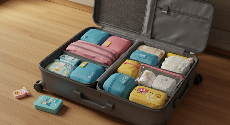 가족 수에 맞춰 색상별로 정리된 파우치와 아이 용품
