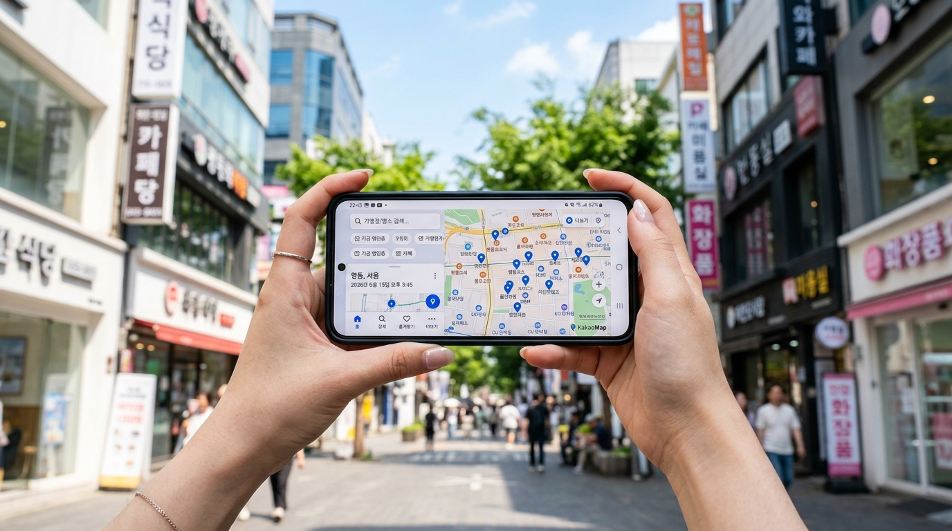 스마트폰 앱으로 온누리상품권 가맹점 위치를 검색하는 화면.