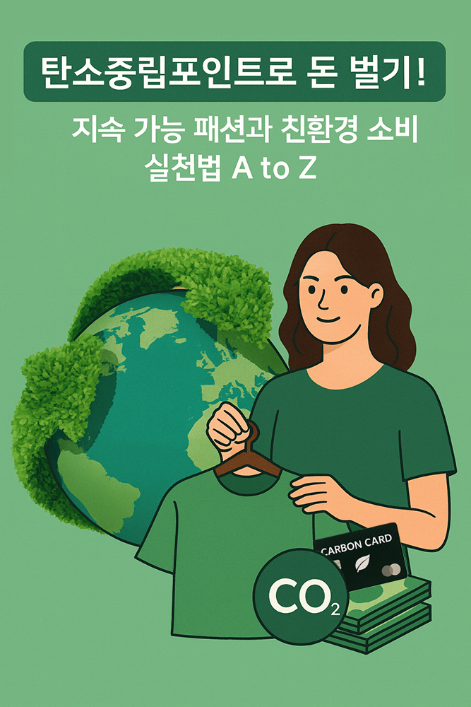 지속 가능 패션을 실천하는 여성이 연한 그린 티셔츠를 들고 있고, 옆에는 탄소중립포인트를 상징하는 그린카드가 놓여있는 모습
