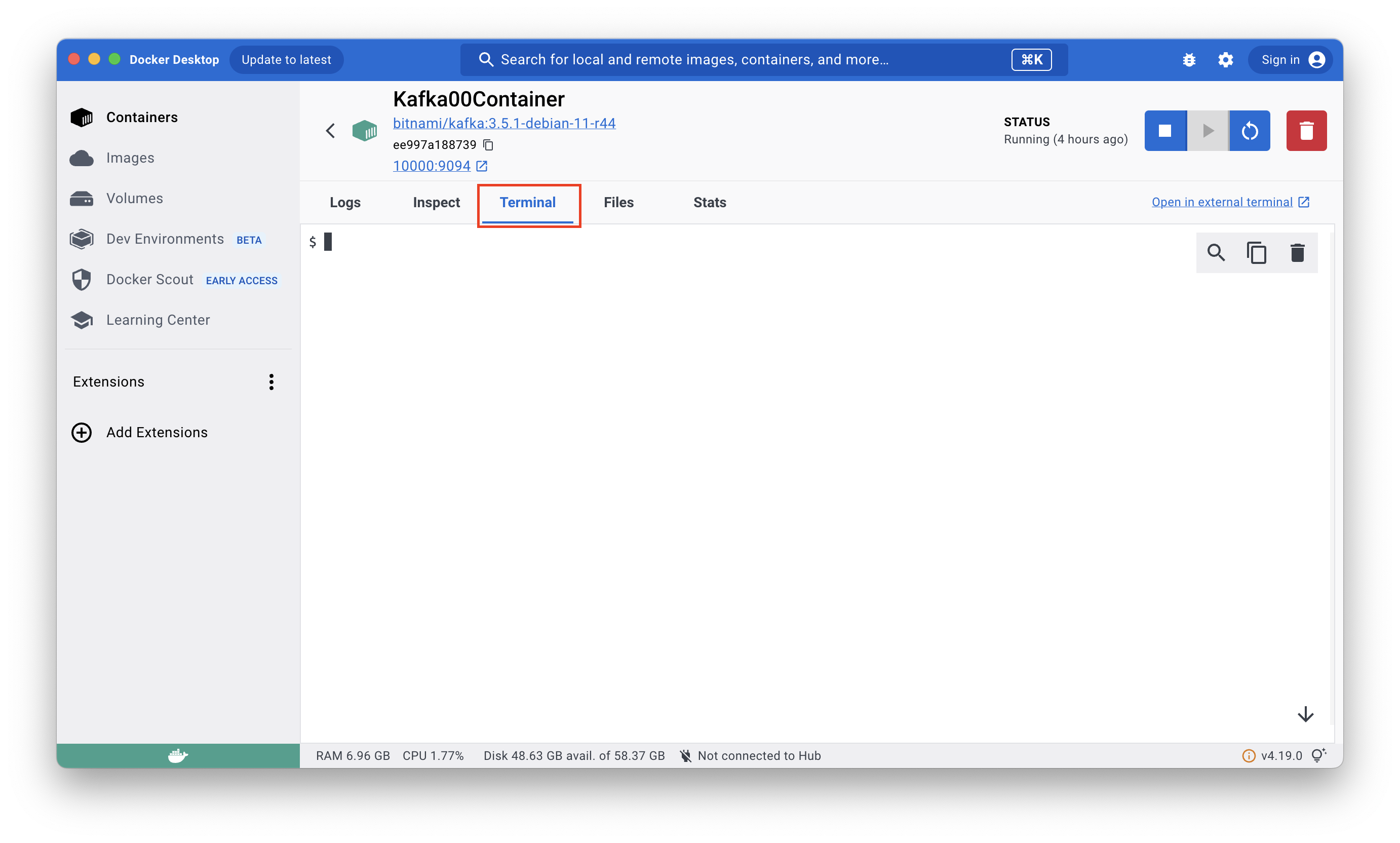도커 컨테이너 터미널 접속 화면