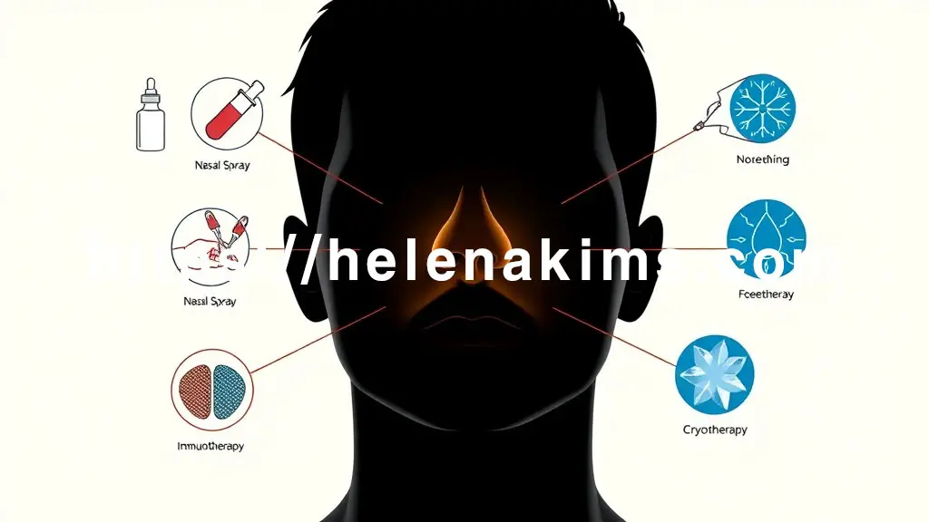 중앙에 코와 호흡기관이 선명하게 표현된 사람의 얼굴, 그 주변을 다양한 치료법을 상징하는 약물치료는 약병, 코 스프레이 아이콘. 면역치료는 주사기와 꽃가루/집먼지진드기 항원 이미지. 수술적 치료는 메스나 레이저와 같은 의료 도구. 냉동치료는 얼음 결정 또는 냉기 효과 아이콘들이 있는 그래픽 이미지.