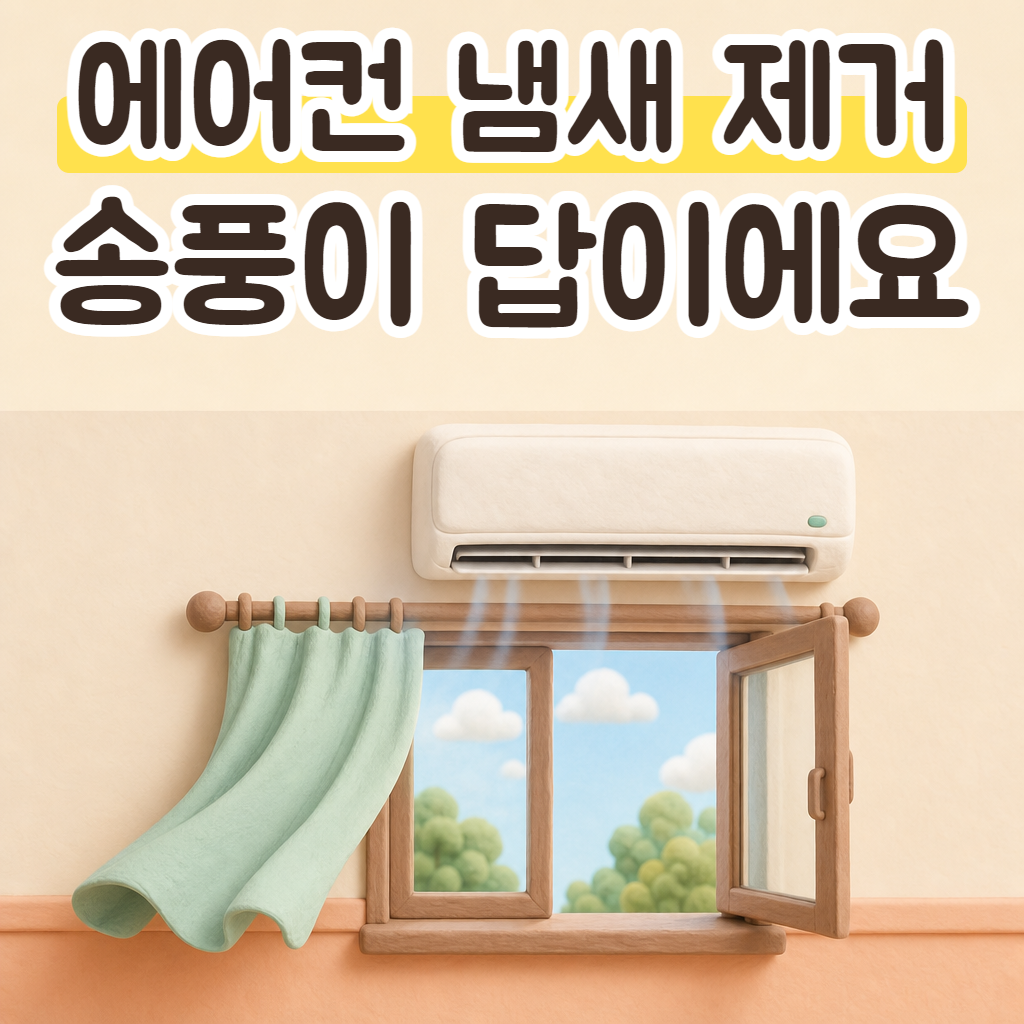 창가 벽에 걸린 에어컨과 살짝 열린 창문