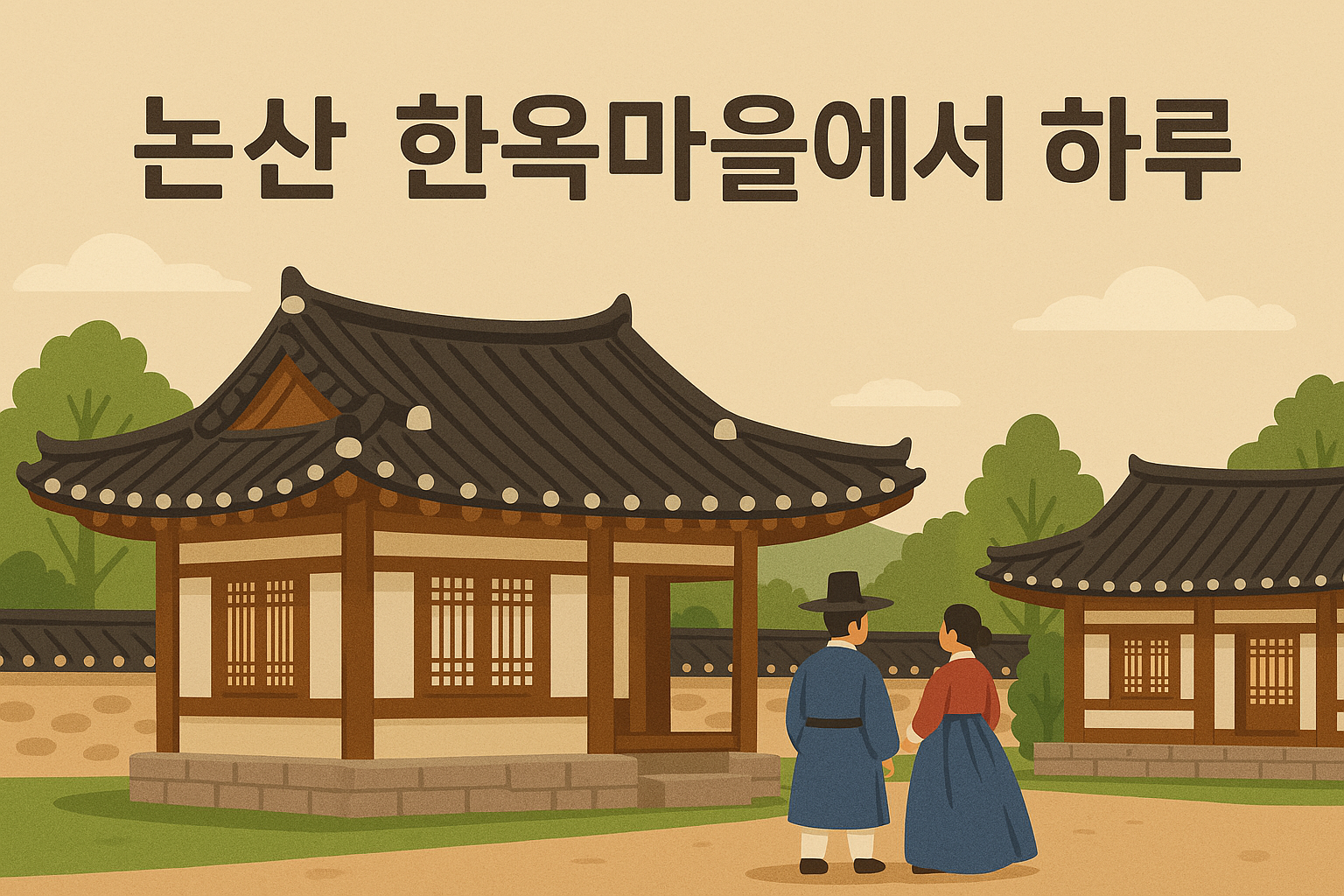 논산 한옥마을의 전통적인 풍경을 디지털 일러스트로 표현한 썸네일 이미지. 가운데에는 &lsquo;논산 한옥마을 하루 코스 완전 정복&rsquo;이라는 텍스트가 깔끔하게 배치되어 있으며, 고즈넉한 한옥 지붕과 전통문양, 봄을 연상시키는 나무들이 따뜻한 색감으로 그려져 있다.