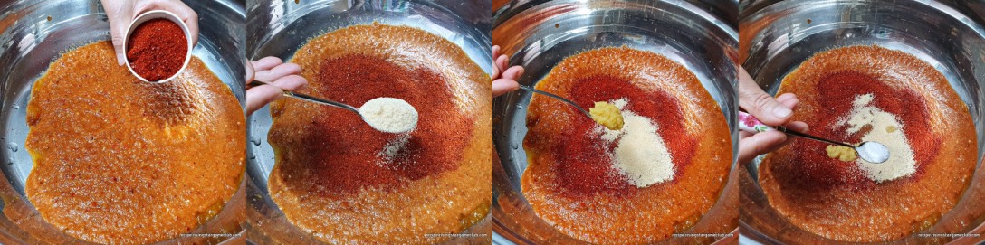 믹서기로 갈아준 배추겉절이 양념을 부은 커다란 양푼에 고춧가루 2컵, 설탕 2T, 다진마늘 2Ts, 미원 1Ts 를 넣는 사진