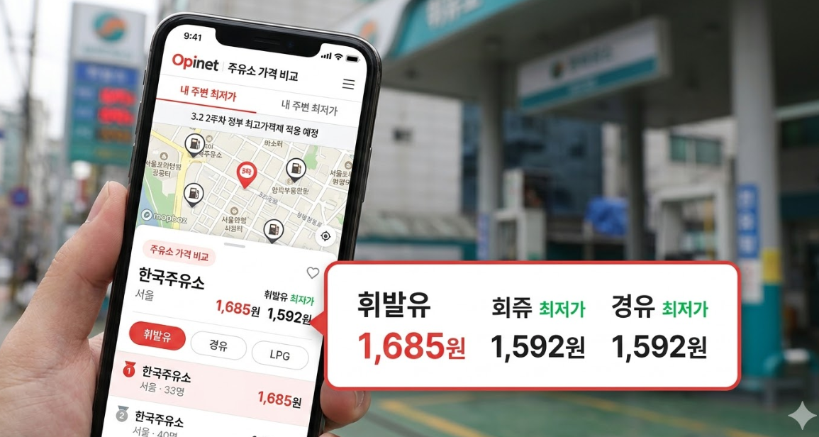 한국석유공사 오피넷 앱 실시간 최저가 주유소 가격 비교 화면 예시