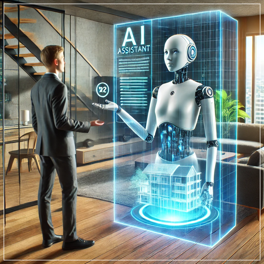 AI가 홀로그램 디스플레이를 통해 음성 명령을 이해하고 스마트 홈 기기를 관리하는 장면